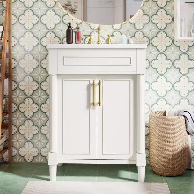Mobiletto da bagno 61 cm con lavabo in ceramica, mobile stile shaker, 2 ante con chiusura ammortizzata, struttura in legno massello per bagno piccolo o bagno di servizio