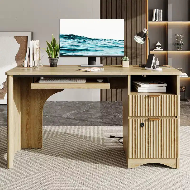 Scrivania Smart Bestier 55 per computer, scrivania da scrittura in rovere con cassetti portadocumenti e presa di corrente, scrivania direzionale con vani a giorno e vassoio per tastiera