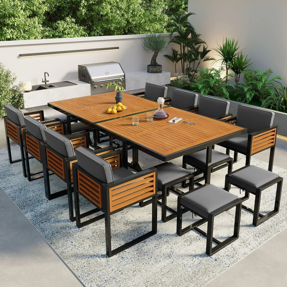 Set da pranzo da esterno in legno di acacia da 18 pezzi, 8 sedie imbottite e 8 pouf e 2 tavoli quadrati