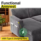 Divano Letto Estraibile 2 in 1 con Chaise Longue Contenitore, Divano Componibile in Ciniglia con Porte USB per Soggiorno