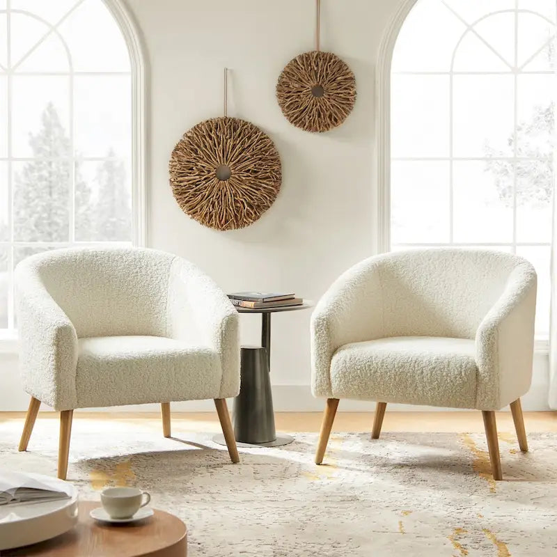 Poltrona Sheila Modern 30 W Boucle con gambe in legno massello, set da 2 di HULALA HOME