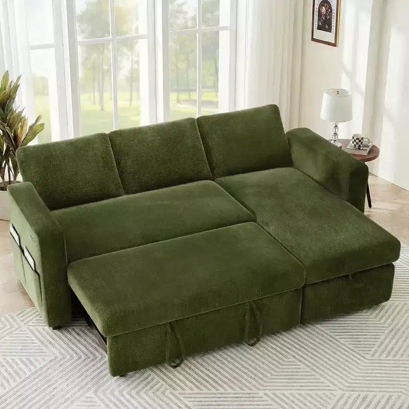 Divano Letto Estraibile 2 in 1 con Chaise Longue Contenitore, Divano Componibile in Ciniglia con Porte USB per Soggiorno